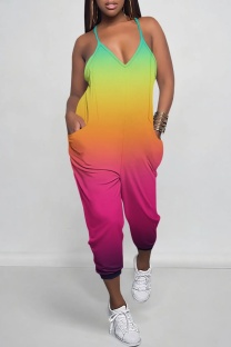 Green Purple Casual Gradient Print Backless Spaghetti Strap Regular Jumpsuits