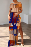 Camouflage Casual Print Patchwork Slit Off Shoulder Long Dresses