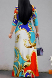 Baby Blue Elegant Geometric Print Lace Up V Neck Printed Dresses