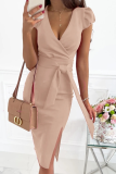 Purple Sexy Solid Patchwork V Neck Pencil Skirt Dresses
