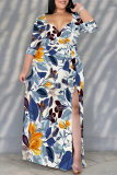 Pink Elegant Flowers Print Lace Up Slit V Neck Printed Plus Size Dresses