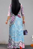 Baby Blue Elegant Geometric Print Lace Up V Neck Printed Dresses