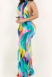Colour Street Print Patchwork Backless Strap Design O Neck Long Dresses