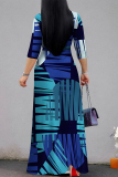 Baby Blue Elegant Geometric Print Lace Up V Neck Printed Dresses