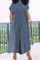 Blue Casual Stripe Patchwork Backless V Neck Straight Plus Size Dresses