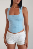 Blue Sexy Solid Color Hollow Out Patchwork Backless Square Neck Tops