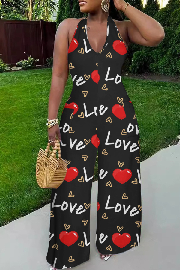 Black Red Casual Print Lace Up Backless Halter Fitted Jumpsuits