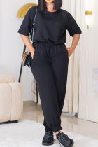 Black Casual Solid Color Pocket Patchwork O Neck Half Sleeve Two Pieces