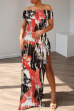 Green Casual Print Slit Off Shoulder Long Dresses