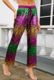 Multicolor Sexy Sequins Lace Up Patchwork Contrast Loose Mid Waist Wide Leg Patchwork Bottoms