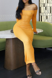 Yellow Street Solid Color Patchwork Backless Off Shoulder Long Dresses
