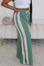 Green Casual Stripe Lace Up Patchwork Loose High Waist Wide Leg Patchwork Bottoms