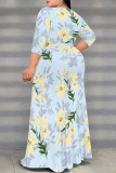Pink Elegant Flowers Print Lace Up Slit V Neck Printed Plus Size Dresses