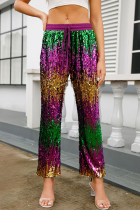 Multicolor Sexy Sequins Lace Up Patchwork Contrast Loose Mid Waist Wide Leg Patchwork Bottoms