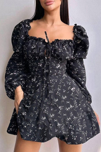 Black Celebrities Print Hollow Out Patchwork Backless Strap Design Square Neck A Line Dresses