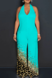 Blue Casual Print Backless Belted Halter Fitted Jumpsuits