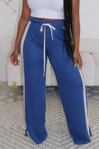 Blue Casual Stripe Lace Up Patchwork Loose High Waist Wide Leg Patchwork Bottoms