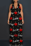 Black Casual Print Lace Up Backless Halter Fitted Jumpsuits