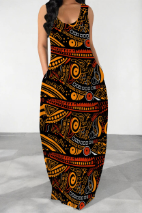 Brown Red Casual Geometric Print Pocket Contrast U Neck Printed Dresses