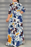 Pink Elegant Flowers Print Lace Up Slit V Neck Printed Plus Size Dresses