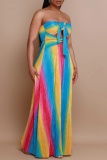 Colour Sexy Casual Irregular Printed Backless Belted Strapless Long Dresses