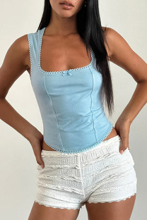 Blue Sexy Solid Color Hollow Out Patchwork Backless Square Neck Tops
