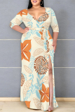 Pink Elegant Flowers Print Lace Up Slit V Neck Printed Plus Size Dresses