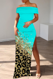 Camouflage Casual Print Patchwork Slit Off Shoulder Long Dresses