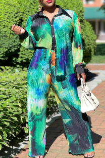 Green Casual Print Buckle Patchwork Ruched Turndown Collar Long Sleeve Two Pieces