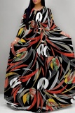 Black Casual Leaf Print Basic O Neck Long Dresses