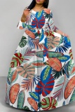 Black Casual Leaf Print Basic O Neck Long Dresses