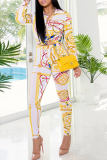 Yellow Casual Print Buckle Patchwork Turndown Collar Half Sleeve Two Pieces