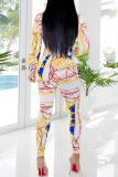 Yellow Casual Print Buckle Patchwork Turndown Collar Half Sleeve Two Pieces