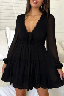 Black Celebrities Solid Color Patchwork Ruched Strap Design Deep V Neck A Line Dresses