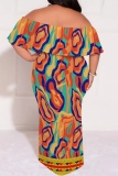 Red Casual Print Patchwork Off Shoulder Long Plus Size Dresses