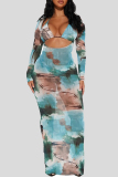 Red Sexy Print Hollow Out Patchwork Strap Design Asymmetrical Collar Long Sleeve Three Pieces