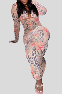 Leopard Print Sexy Print Hollow Out Patchwork Strap Design Asymmetrical Collar Long Sleeve Three Pieces