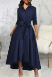 Burgundy Elegant Solid Color Buckle Patchwork Ruched Strap Design Turndown Collar A Line Dresses
