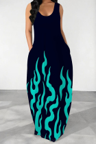 Cyan Green Casual Geometric Print Pocket U Neck Printed Dresses