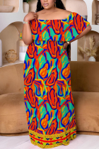 Red Casual Print Patchwork Off Shoulder Long Plus Size Dresses