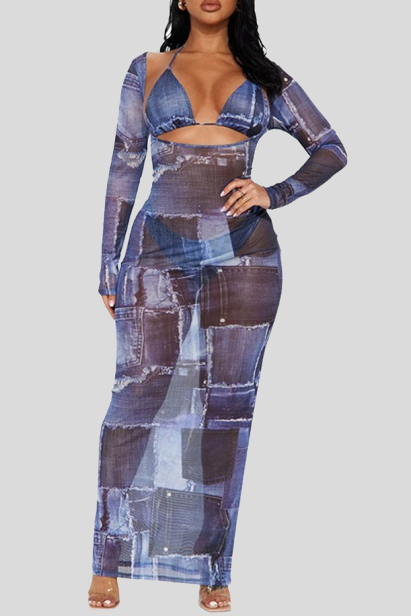 The cowboy blue Sexy Print Hollow Out Patchwork Strap Design Asymmetrical Collar Long Sleeve Three Pieces