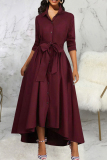 Burgundy Elegant Solid Color Buckle Patchwork Ruched Strap Design Turndown Collar A Line Dresses