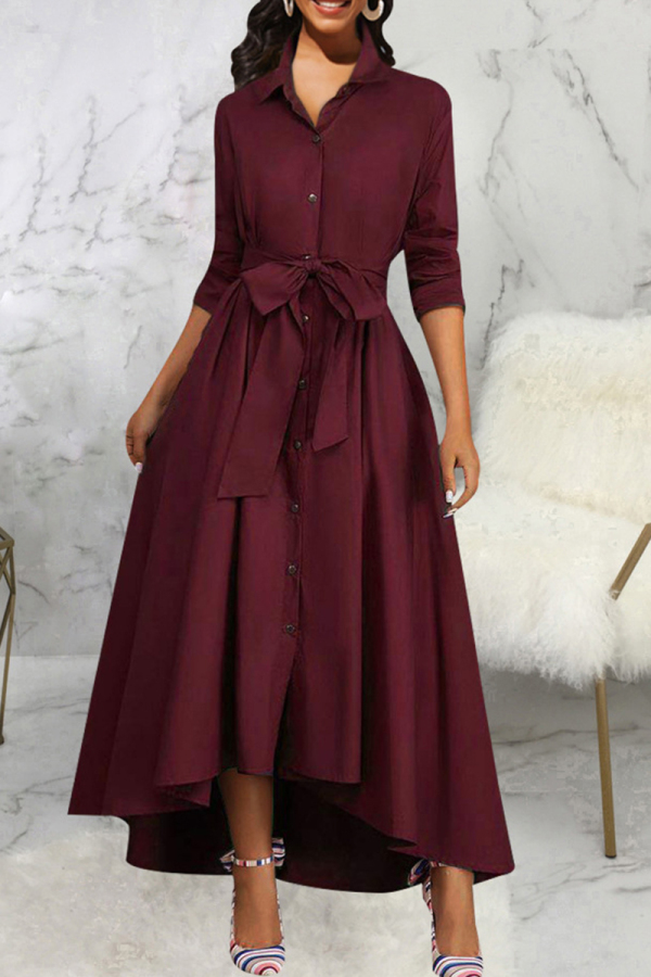 Burgundy Elegant Solid Color Buckle Patchwork Ruched Strap Design Turndown Collar A Line Dresses
