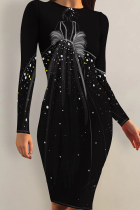 Black And White Sexy Print Patchwork O Neck Wrapped Skirt Dresses