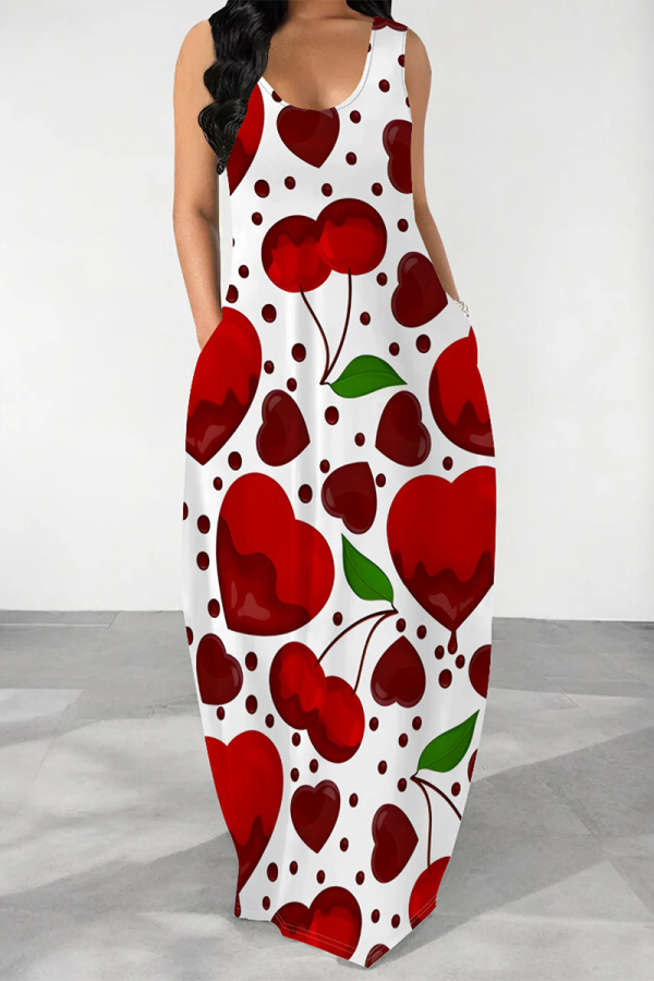 Red Casual Fruit Print Pocket U Neck Printed Dresses