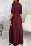 Burgundy Elegant Solid Color Buckle Patchwork Ruched Strap Design Turndown Collar A Line Dresses