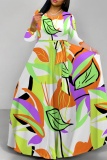 Black Casual Leaf Print Basic O Neck Long Dresses
