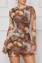 Brown Sexy Print Patchwork Slit O Neck Wrapped Skirt Dresses