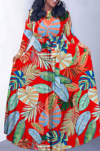 Red Casual Leaf Print Basic O Neck Long Dresses