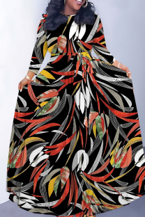 Black Casual Leaf Print Basic O Neck Long Dresses